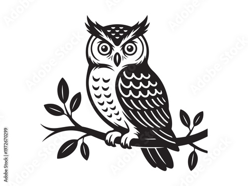 Owl silhouette on tree branch minimalist vector, Owl on branch silhouette illustration vector bird wildlife nature drawing isolated on white background