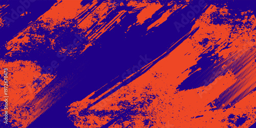 Abstract halftone pattern with red and blue graffiti splashes and drips on dark background, representing modern street art and pop art concept. Vector illustration