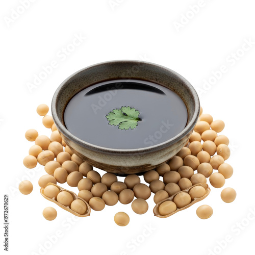 Soy sauce in bowl with soybeans and cilantro leaf