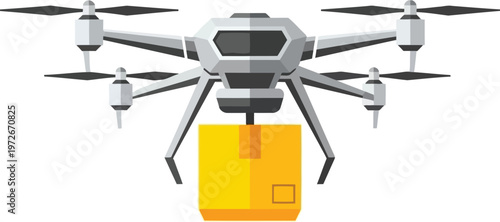 Drone delivery service carrying a yellow package on a white background