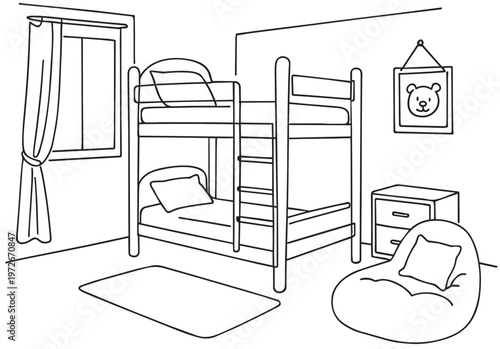 Children room graphic black white home interior sketch illustration vector