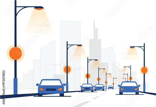 Urban city street scene with cars streetlights and modern buildings city life