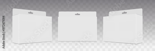 White Blank Hanging Packaging Box Mockup Set Vector – 3D Retail Product Box Display with Die Cut Hook Template