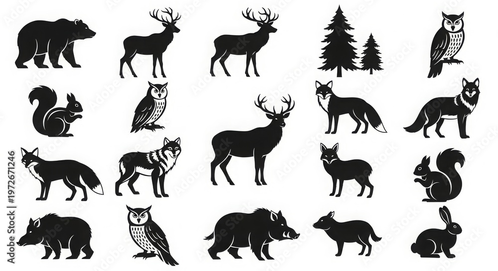 Obraz premium Forest animals silhouettes including bears, deer, foxes, wolves, owls, squirrels, and wild boars. Suitable for woodland themes, nature projects, and wildlife graphics