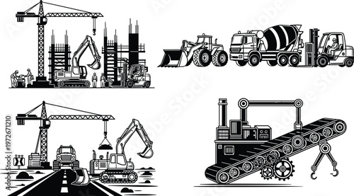 Construction machinery set with crane excavator loader cement truck forklift and conveyor system showing industrial building process isolated on gray background