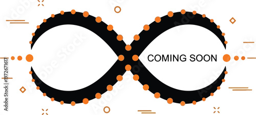 Coming soon infinity symbol graphic with orange dots and lines with white