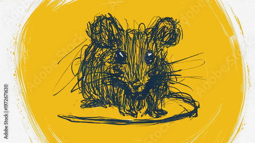 A sketchy, textured, dark-blue ink drawing of a detailed mouse facing forward, with its eyes as solid dark dots. The mouse is centered within a large, vibrant yellow painted circle, 