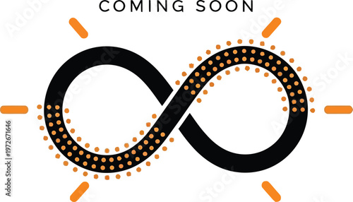 Infinity symbol with orange rays and dots with coming soon