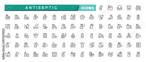 Antiseptic icon collection. Protection minimalist line icons. Perfect for logos and infographic. Washing icon set in linear style. Editable stroke. Vector illustration.