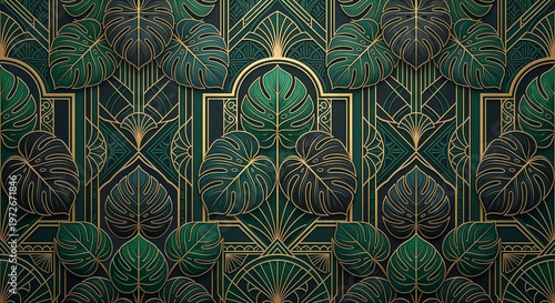 pattern with geometric Art Deco style background, green Monstera leaves, and golden lines.