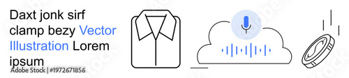 Cloud computing, voice input, data analysis, technology tools, clothing design, digital communication. Outlined icons of a shirt, microphone in cloud and spinning disk. Cloud computing and voice