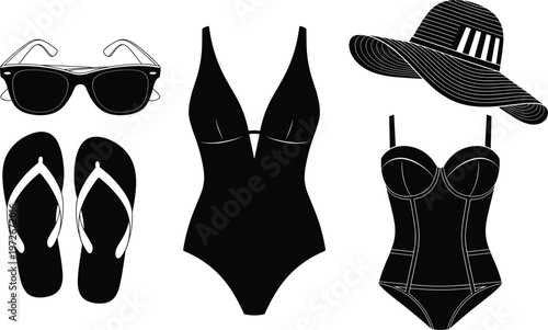 Summer beach accessories silhouettes set, swimsuit sunglasses hat and flip flops collection, vacation fashion essentials, travel lifestyle items isolated vector illustration design