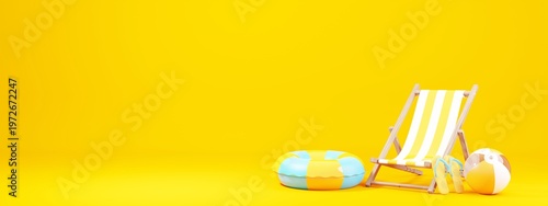 Foto Strandliege und Strandball auf gelbem Hintergrund, 3D