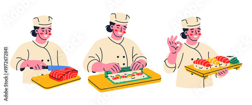 Set of sushi chef slicing fish, rolling sushi and holding a ready meal. Asian food concept. Step by step sushi preparing. Flat vector illustration.