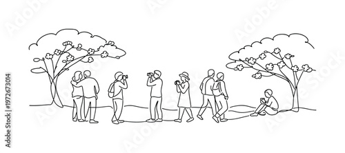 "Spring Festival Visitors Under Sakura". Minimalistic one-line drawing people strolling and enjoying cherry