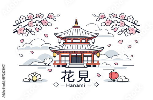 Japanese temple in spring. Traditional wooden temple with sakura branches framing the scene, petals drifting