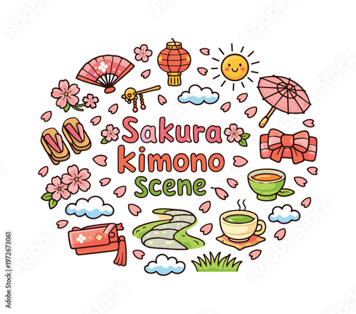 Sakura kimono scene. Hand drawn illustration of Sakura kimono scene. girl in kimono, cherry blossoms, sakura