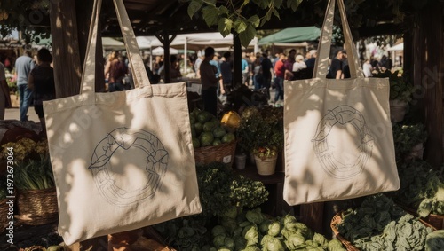 Tote bags hang at market stall, filled with produce. Shoppers browse, sunlight dapples