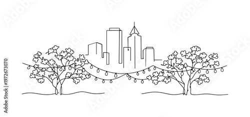 "Sakura Lights in Urban Scene". Minimalistic one-line drawing blooming cherry trees in front of tall buildings