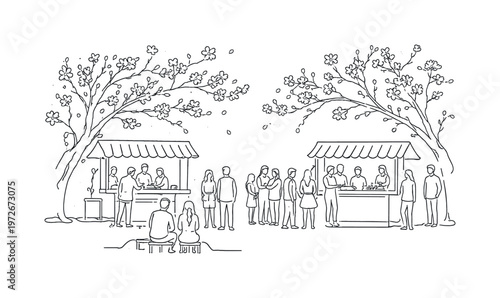 "Hanami Food Stall Scene". Minimalistic one-line drawing people gathering at food stalls under cherry blossom