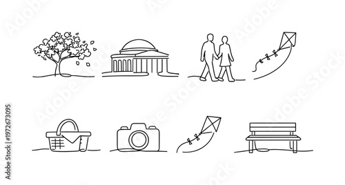 "Cherry Blossom Festival Scene Washington DC". Minimalistic set one-line drawing blooming sakura tree, petals