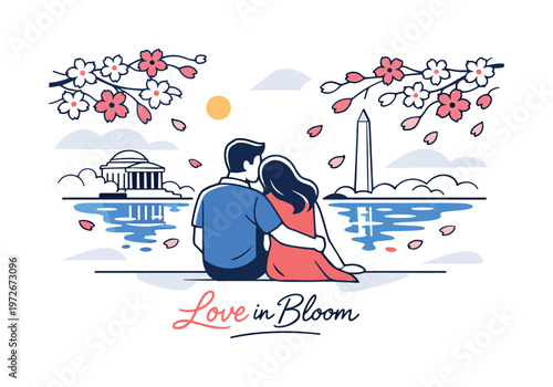 Spring romance Washington DC. A couple sitting together under cherry blossoms with a view of the Tidal Basin,