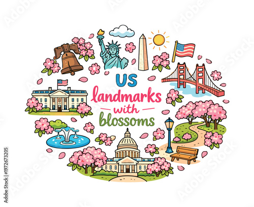 US landmarks with blossoms. Hand drawn illustration of US landmarks with blossoms. cherry blossoms, sakura