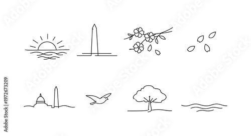 "Morning Sakura Scene Washington DC". Minimalistic set one-line drawing sun rising over monument, cherry