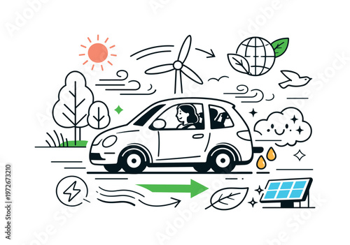 Sustainable driving concept. A car moves forward with minimal fuel drops and clean exhaust symbols, while