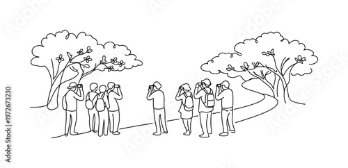 "Cherry Blossom Sightseeing Crowd". Minimalistic one-line drawing group of tourists admiring and photographing