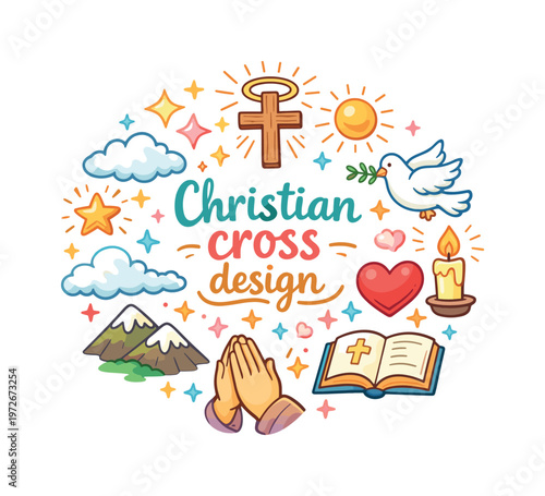 Christian cross design. Hand drawn illustration of Christian cross design. cross, light rays, halo, clouds,