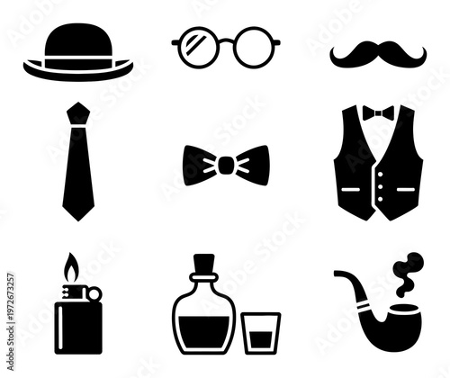 Gentleman's Accessories Hat, Tie, Glasses, Bowtie, Vest, Mustache, Lighter, Drink, Pipe
