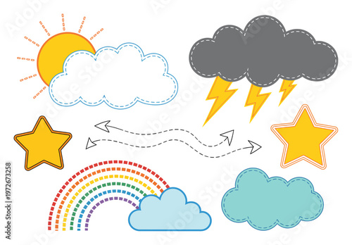Cute Weather Sun, Clouds, Rainbow, Stars, Lightning, and Arrows