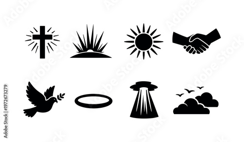 Divine Light and Redemption. Filled icon set of Divine Light and Redemption: cross with glow, rising light,