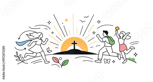 Minimal Easter light and renewal scene. A horizon line with a rising sun and a small cross silhouette, with