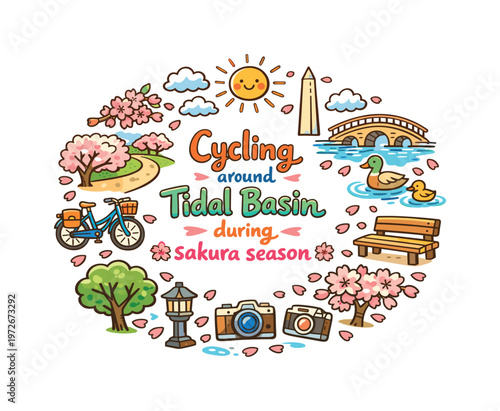 Cycling around Tidal Basin during sakura season. Hand drawn illustration of Cycling around Tidal Basin during