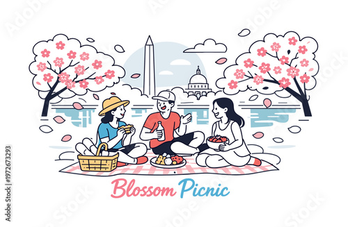 Cherry Blossom Picnic. Picnic under cherry blossom trees Washington. People sitting on a blanket under