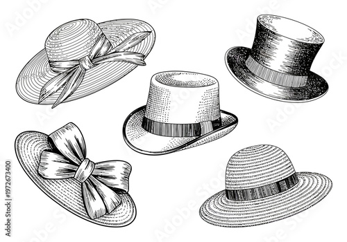 Vintage Hat Collection: Hats and Sun Hats in Engraving Style