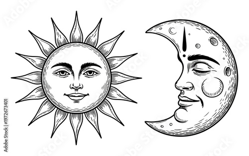 Vintage Sun and Moon Faces