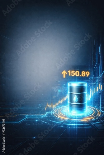 Futuristic Oil Barrel Price Increase Concept with Digital Graphs and Data Visualization on Blue Background