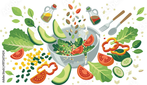 Exploded view of fresh healthy salad ingredients flying into a bowl, flat vector illustration of vegan diet concept