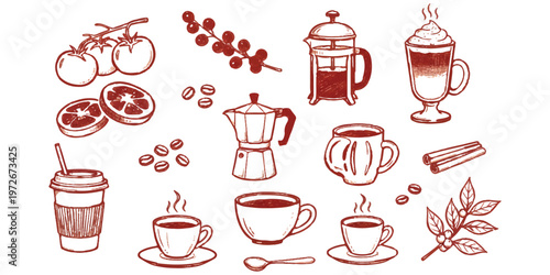 A collection of hand drawn coffee related items including cups pots beans and various ingredients.