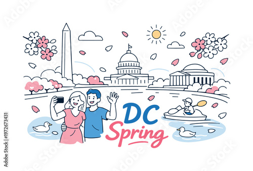 Sakura Tidal Basin. Washington DC spring blossoms. The Tidal Basin surrounded by sakura trees in full bloom,