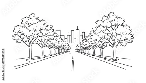 "City Avenue with Sakura". Minimalistic one-line drawing long urban road framed by cherry blossom trees with