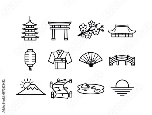 Kyoto cherry blossom festival with temples. Line outline icon set of Kyoto cherry blossom festival with