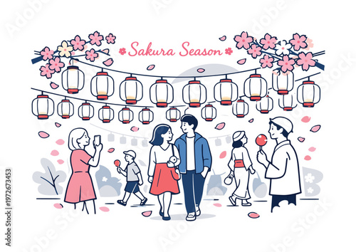 Japanese spring lantern scene. Rows of glowing lanterns hanging among blooming cherry blossoms, with people