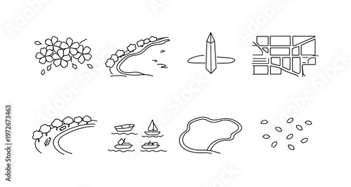 "Aerial View of Cherry Blossoms Washington DC". Minimalistic set one-line drawing top view cherry blossom