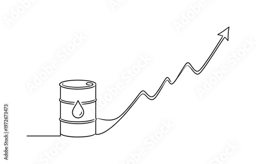 "Rising Oil Market Trend". Minimalistic one-line drawing oil barrel connected to a line graph trending upward,