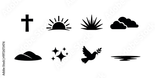 Golden Sunrise Faith Scene. Filled icon set of Golden Sunrise Faith Scene: cross silhouette, rising sun, light