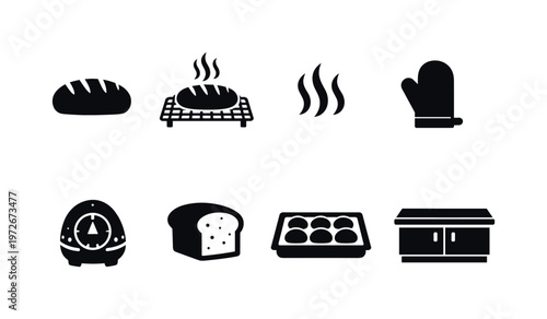 Easter Bread Cooling. Filled icon set of Easter Bread Cooling: baked bread loaf, cooling rack, rising steam